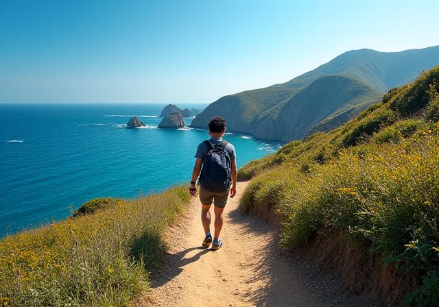제주도의 해안선을 따라 하이킹하는 여행자