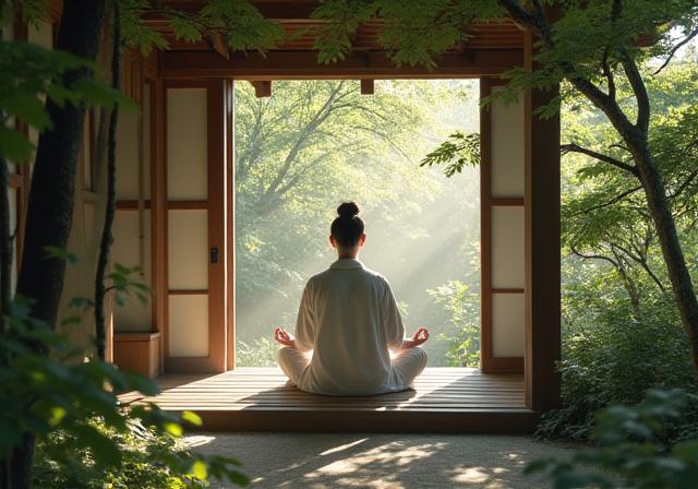 고요한 숲 속의 한옥에서 명상하는 모습